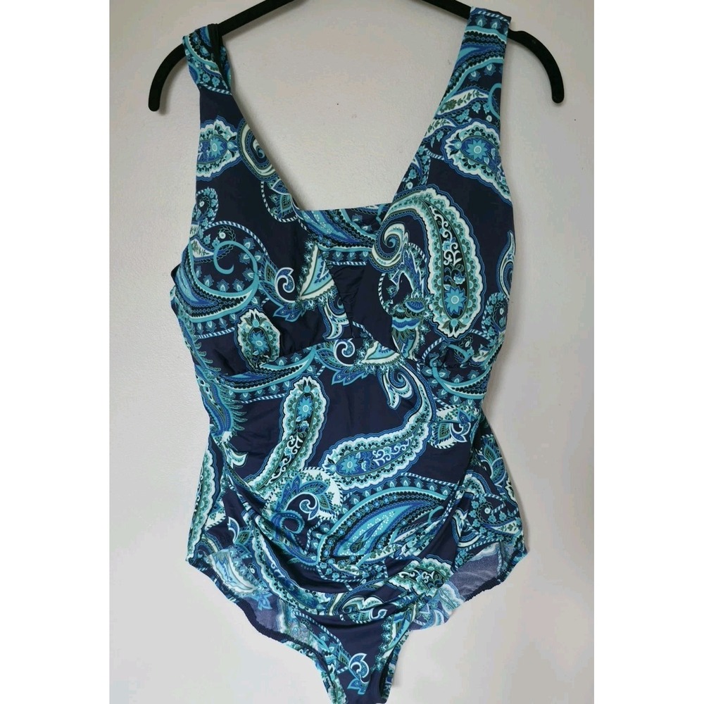 Lands' End Slender V-Neck One Piece Swimsuit Blue Paisley Tummy Control Sz 16W